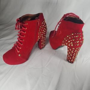 Qupid Lux Red Velvet Studded Lace-up Booties
